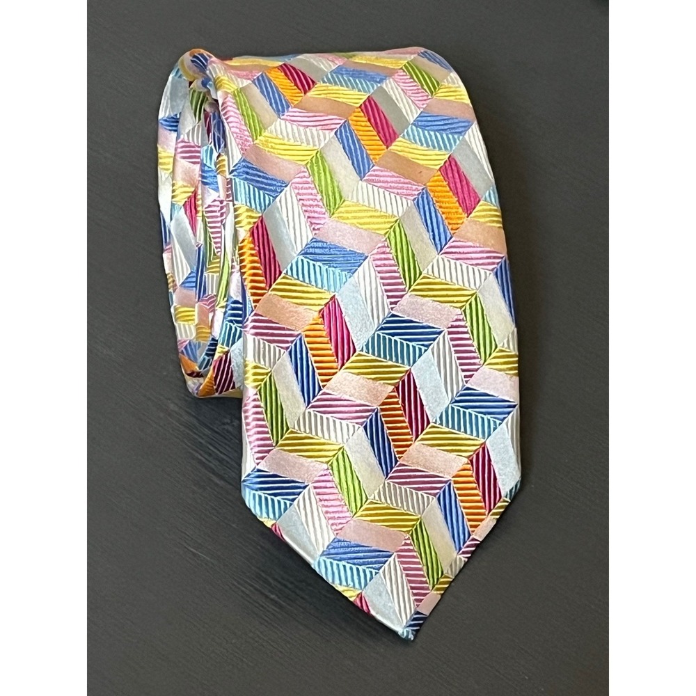 Paul Fredrick Mens‎ Geometric Pattern Silk Tie Handmade in Italy Priemium Shiny